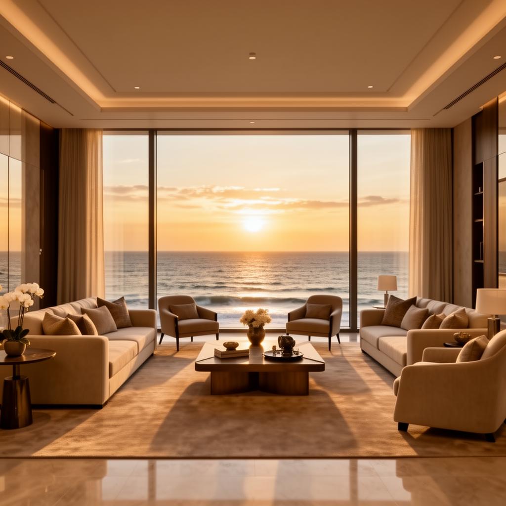 Luxury oceanfront living room interior at golden hour